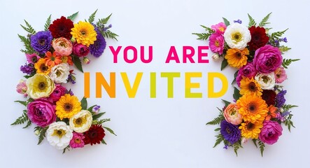 you are invited lettering with colorful flowers on plain white background