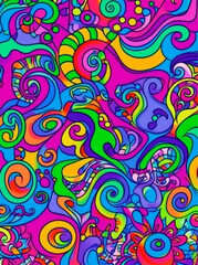 A psychedelic digital art piece featuring swirling patterns of vibrant colors, creating an abstract and mesmerizing background for design use. The pattern is filled with bold hues like blue, purple