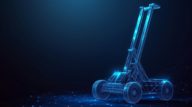 Abstract heavy-duty pallet jack with dark blue background, showcasing low-poly wireframe, glowing lines, and futuristic elements for industrial design.