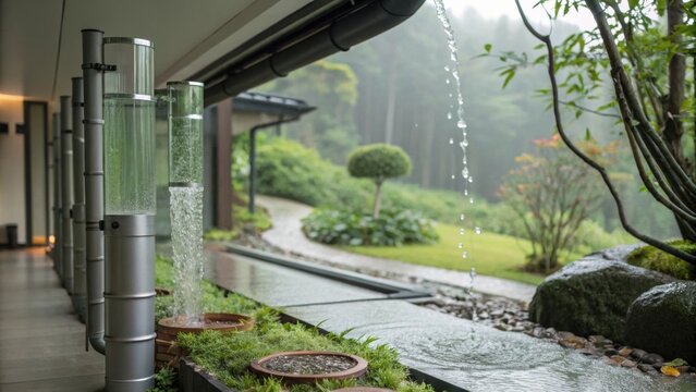 A tranquil setting features rainwater collection integrated into a tech installation.