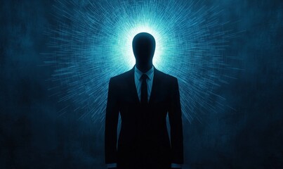 Obraz premium Mysterious figure with glowing aura, dark suit, faceless silhouette, emanating light rays, surreal atmosphere, digital art