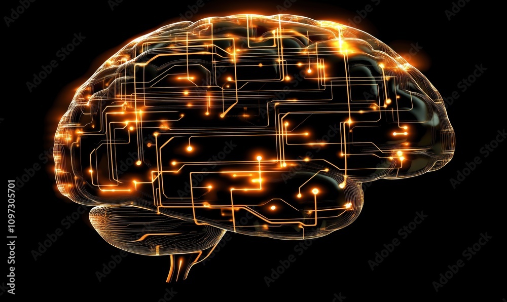 Poster digital brain with glowing circuits and connections, representing technology and intelligence. abstr