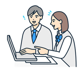 勉強する学生のイラスト素材。男子生徒と女子生徒がパソコンで一緒に学んでいる。