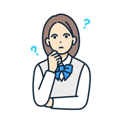 顎に手をあてて思案する女子高生のベクターイラスト素材。考える女の子。