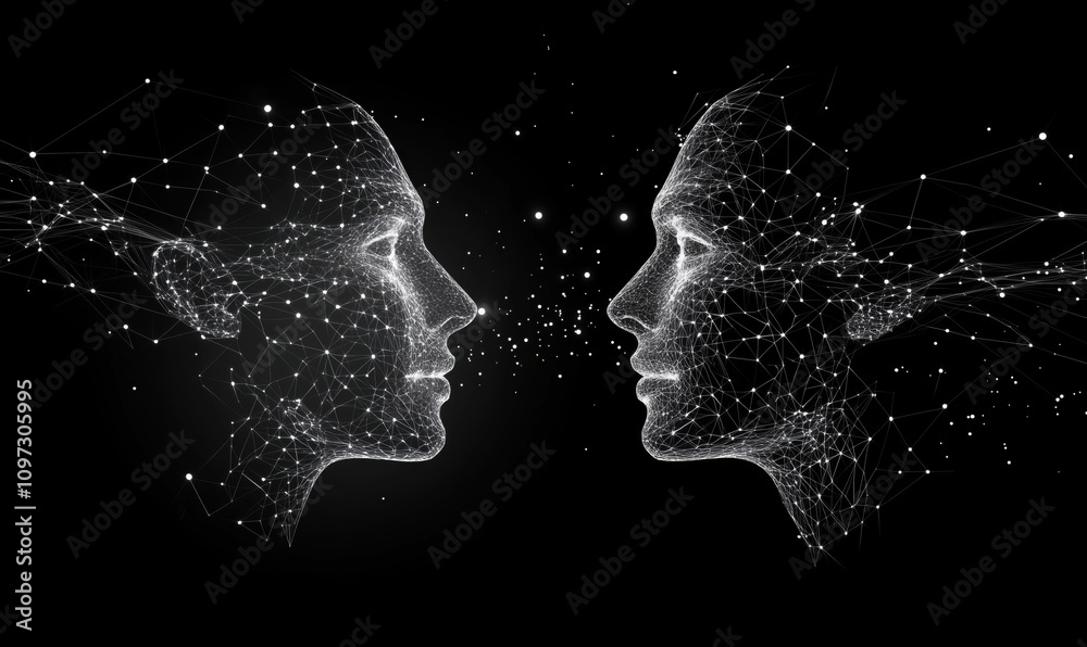 Poster digital faces connected by network of lines and dots, representing communication and technology. abs