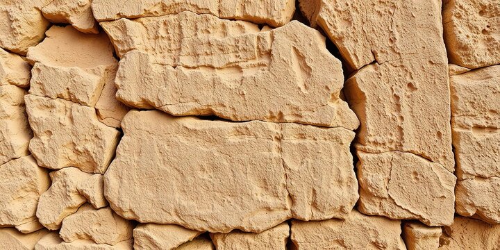 Ancient rock and caliche fence with intricate patterns and textures, rustic design,