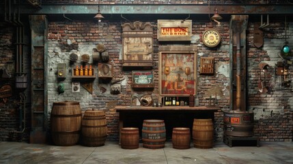 An industrial-themed wall featuring vintage decor, barrels, signs, and various artifacts, creating a rustic, nostalgic atmosphere.