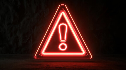 Red neon warning sign glowing in dark room