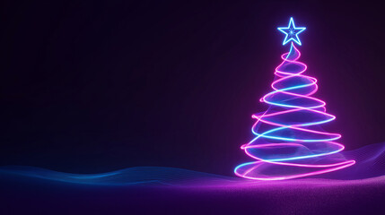 Glowing neon christmas tree with star celebrating winter holidays