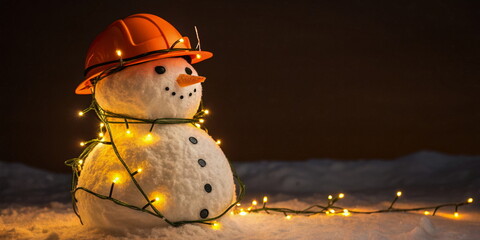 Construction snowman with lights on snowy background