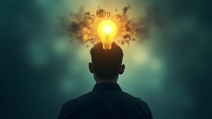 A silhouette with a glowing light bulb above their head, surrounded by orbiting gears and symbols. A creative representation of finding clarity and igniting inspiration.