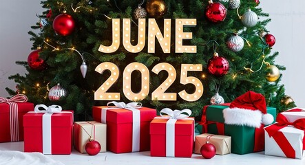 june 2025 lettering on christmas tree with presents and baubles lights