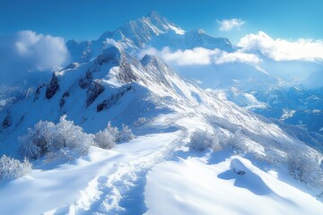 Breathtaking view of the snow-covered Alps with majestic peaks and clear skies.