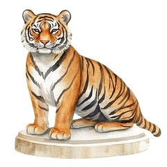 Obraz premium Watercolor Painting of a Majestic Tiger Sitting on a Pedestal.