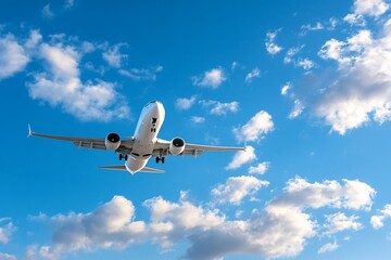 Fototapeta premium Airplane descending through a vibrant blue sky filled with fluffy white clouds.