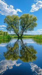Fototapeta premium Serene Reflection of Willows by a Tranquil Lake Under a Blue Sky