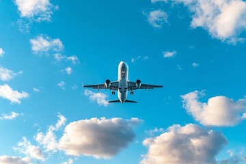 Fototapeta premium Airplane descending against a vibrant blue sky dotted with fluffy clouds.