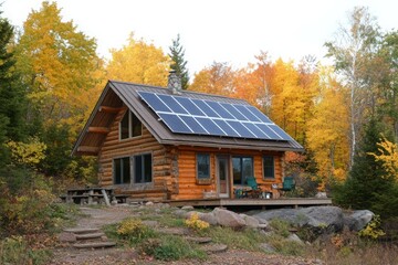 Fototapeta premium Cozy log cabin with solar panels surrounded by vibrant autumn foliage in a peaceful woodland setting, showcasing sustainable living and harmony with nature