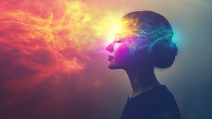 Woman with ethereal multicolored light emanating from head Conceptual, surreal, and artistic image