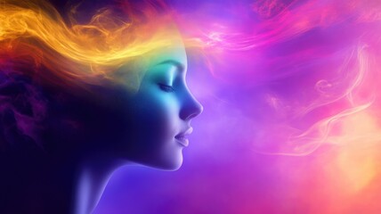 Illustration of serene woman's profile with vibrant, colorful swirls