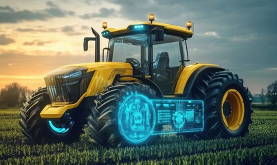 Fototapeta premium Futuristic tractor with digital technology, showcasing advanced features and design. Bright yellow color, illuminated details, agricultural setting, sunset background.