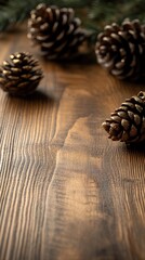 Elegant Holiday Decor with Glittering Pinecones on Rustic Wood Background