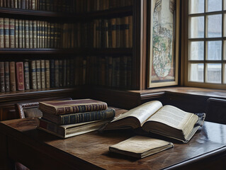 A picture of a book turned over on a library table in a library setting
