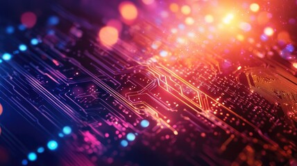 Obraz premium Close-up of glowing microchip circuit with colorful lights