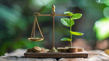 A minimalist image of a balance scale with coins on one side and a plant on the other, symbolizing the harmony between financial growth and environmental sustainability in modern finance