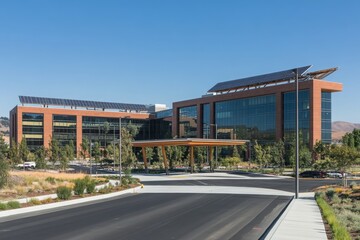 Obraz premium Modern Eco-Friendly Office Building with Solar Panels and Sustainable Landscaping in Clear Sky Setting, Showcasing Innovative Architectural Design and Energy Efficiency