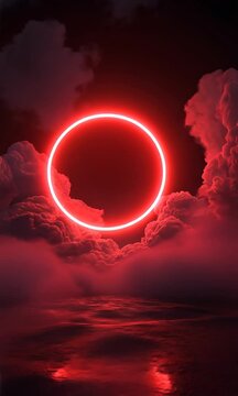 Red neon circle frame isolated cloudy background vertical video. Pink neon light ring. Fashion sphere display area. Advertising concept background vertical video. Copy paste area