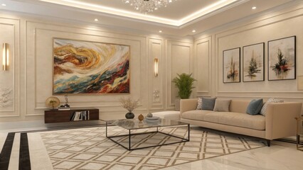 Soft beige walls serve as a serene backdrop allowing a monumental abstract piece to dominate the space filled with swirling colors and dynamic shapes. Below a sleek glass coffee