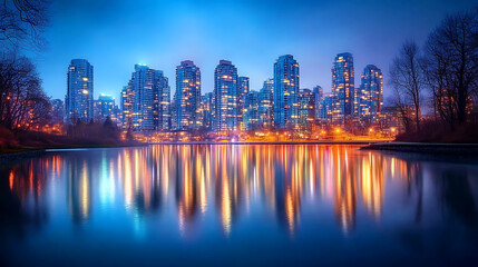 Fototapeta premium A wide-angle shot of a city skyline at night, with the city’s lights reflecting off a river or bay in the foreground 