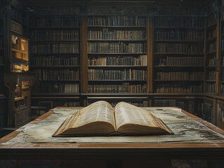 A picture of a book turned over on a library table in a library setting