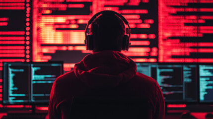 Cyber Insurance Risk Management Concept. A figure wearing headphones sits before multiple screens displaying code and data in a dark, red-lit environment