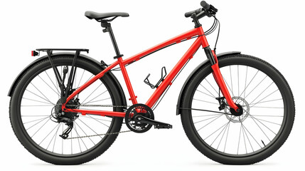 Red hybrid bicycle with black fenders, rack, and components, isolated on white background.