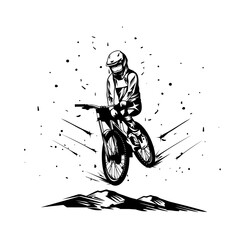 downhill bike racer jumps in the air black and white vector line art