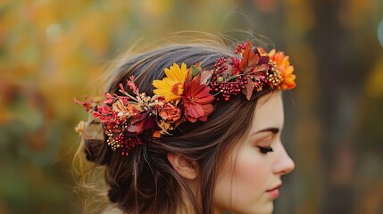 Naklejka premium A young woman is depicted in profile, showcasing a delicate floral crown adorned with vibrant autumn flowers, such as sunflowers and small red berries. Her long, flowing hair cascades softly around he