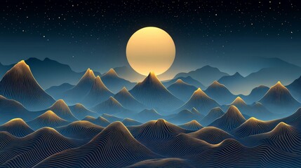 Vibrant mountain peaks under a glowing golden moon with radiant gradients and dramatic starlit skies, evoking an otherworldly, surreal atmosphere