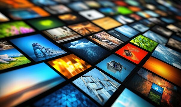 Collage of vibrant images showcasing diverse landscapes, nature, and photography elements. Colorful visuals arranged in a grid pattern.