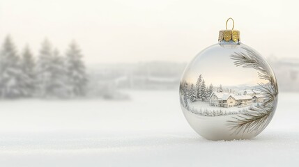 A crystal ornament reflects a winter wonderland scene, showcasing a peaceful snowy village nestled among snow-covered evergreens.