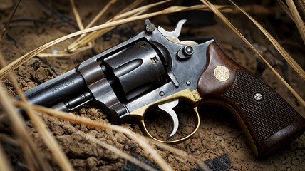 Obraz premium Revolver pistol resting on dry ground with scattered dried grass