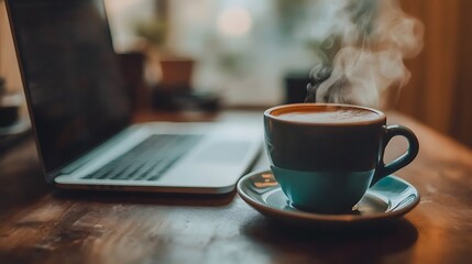 A minimalist desk setup with a notebook, a coffee cup, and a person working efficiently on a laptop. 