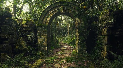 Obraz premium The image features a weathered stone archway set within a lush, green forest. The arch leads into a pathway surrounded by dense foliage, including various shades of green plants and ferns. Sunlight fi