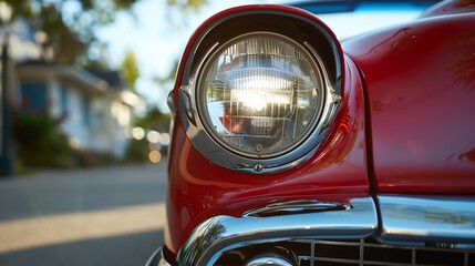 Close-up of a classic red car's headlight, gleaming in sunlight on a residential street.
