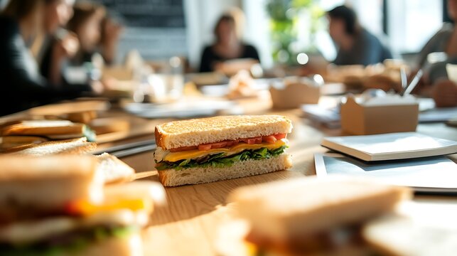 A productive meeting setup with sandwiches and notepads spread across a desk, fostering teamwork and creativity. 