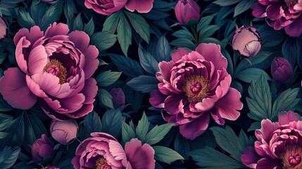 Beautiful peony flowers in shades of pink and purple surrounded by lush green leaves, creating a vibrant floral pattern on a dark background.