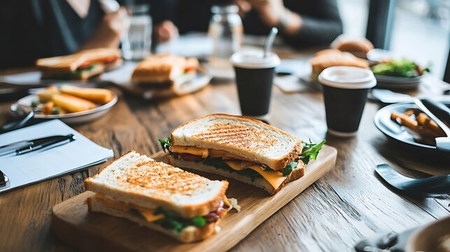 A productive meeting setup with sandwiches and notepads spread across a desk, fostering teamwork and creativity. 