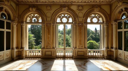 A grand and elegant interior view of a spacious room featuring tall, arched windows adorned with intricate designs. Sunlight pours in through the windows, casting long shadows across a beautifully pat