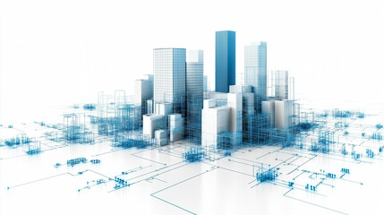 Fototapeta premium Cityscape of Innovation: A striking, abstract representation of a modern metropolis, with buildings rendered in shades of blue and white, symbolizing technological advancement and connectivity.